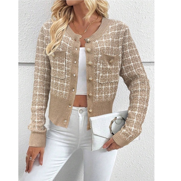 Tan Plaid Button Up Cardigan Knit Long Sleeve - Picture 1 of 7